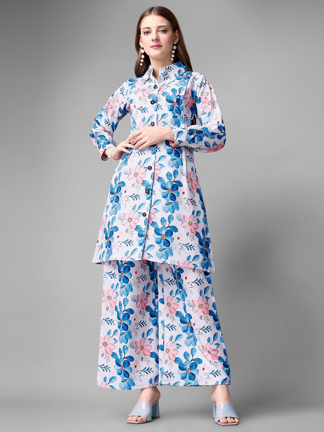 

KALINI Floral Printed Shirt Collar hree-quarter regular sleeves Kurta With Palazzo, White