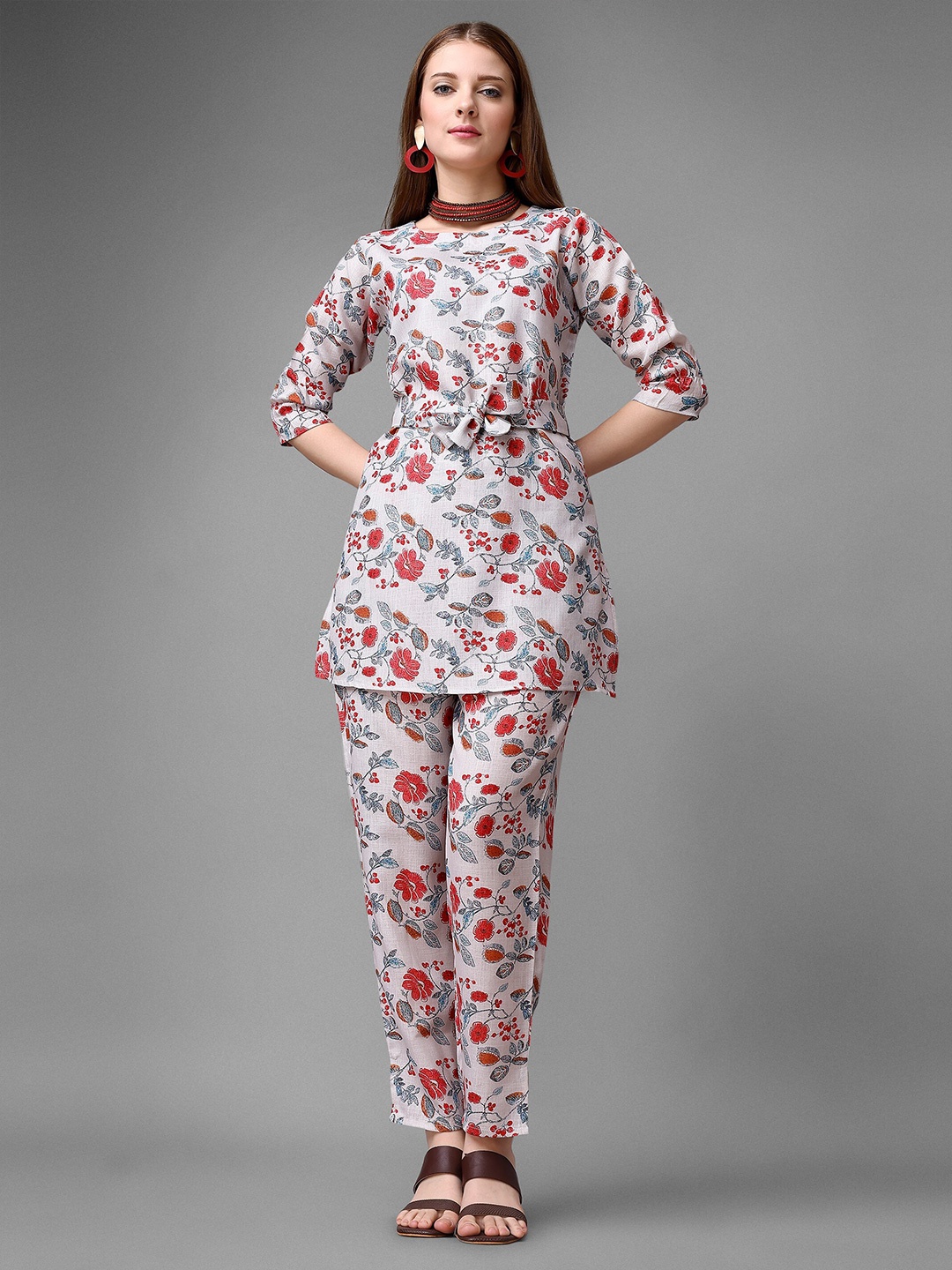 

KALINI Floral Printed Linen Tunic & Trouser, Cream