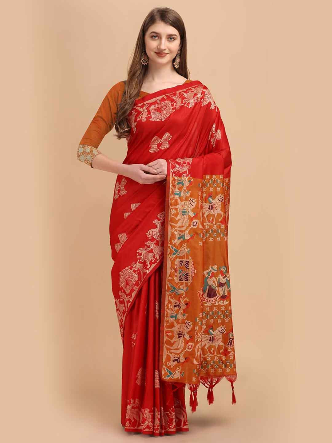

NK Textiles Ethnic Motifs Zari Silk Blend Tussar Saree, Red