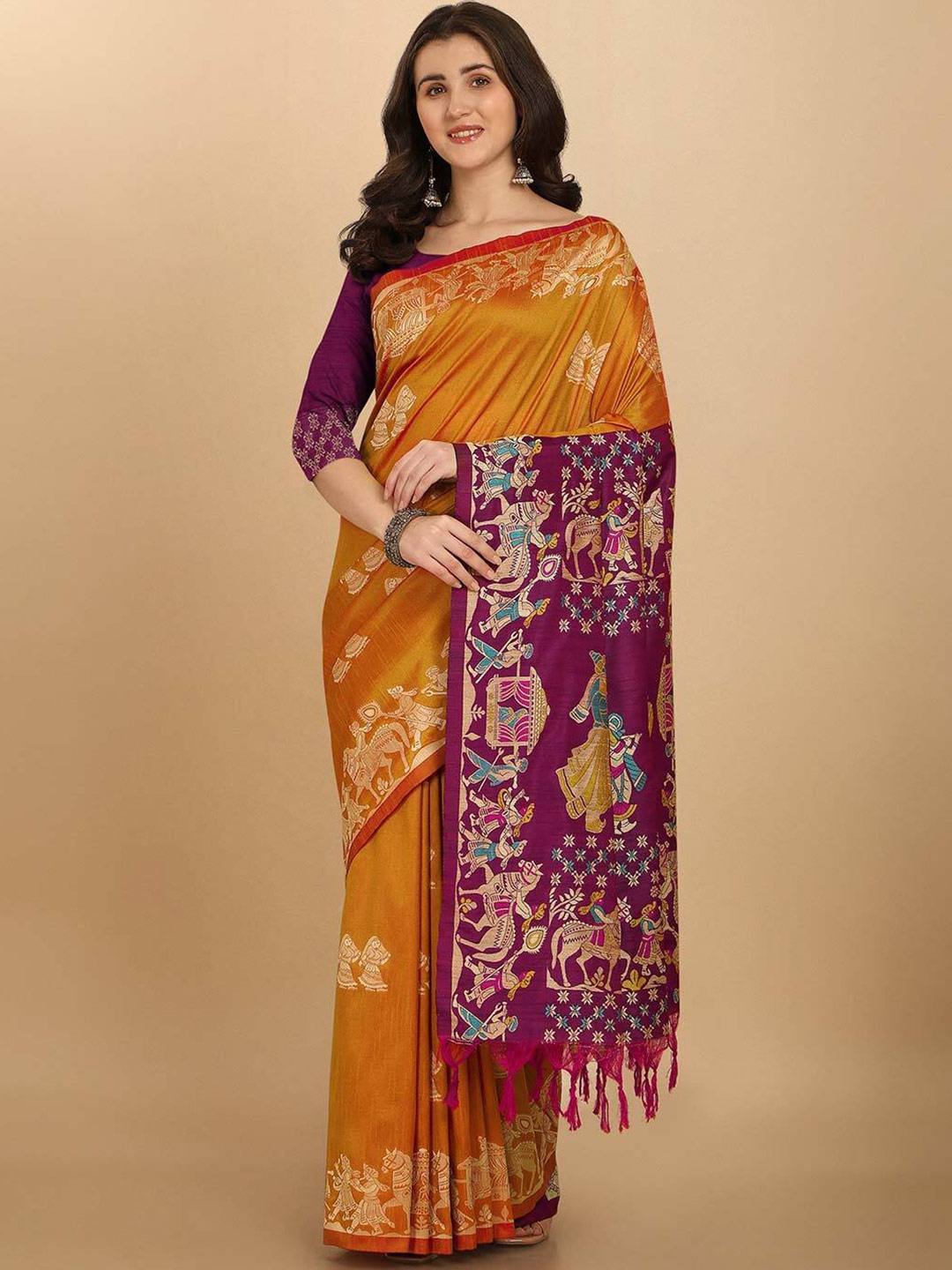 

NK Textiles Orange & Purple Ethnic Motifs Zari Raw Silk Tussar Saree