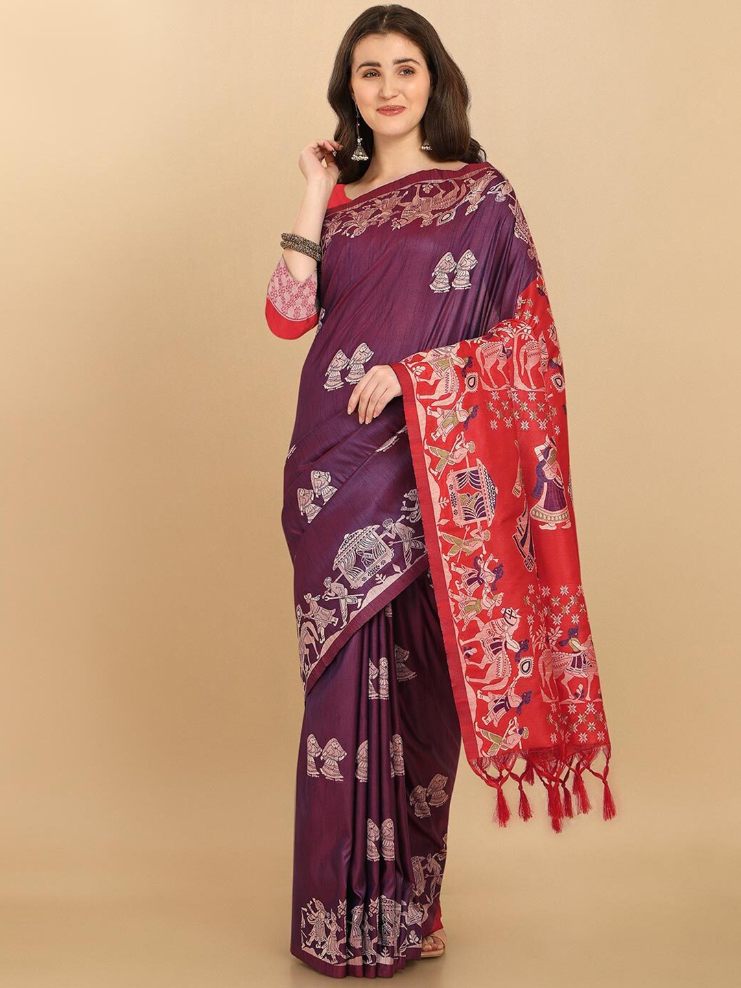 

NK Textiles Purple & Red Ethnic Motifs Raw Silk Tussar Saree