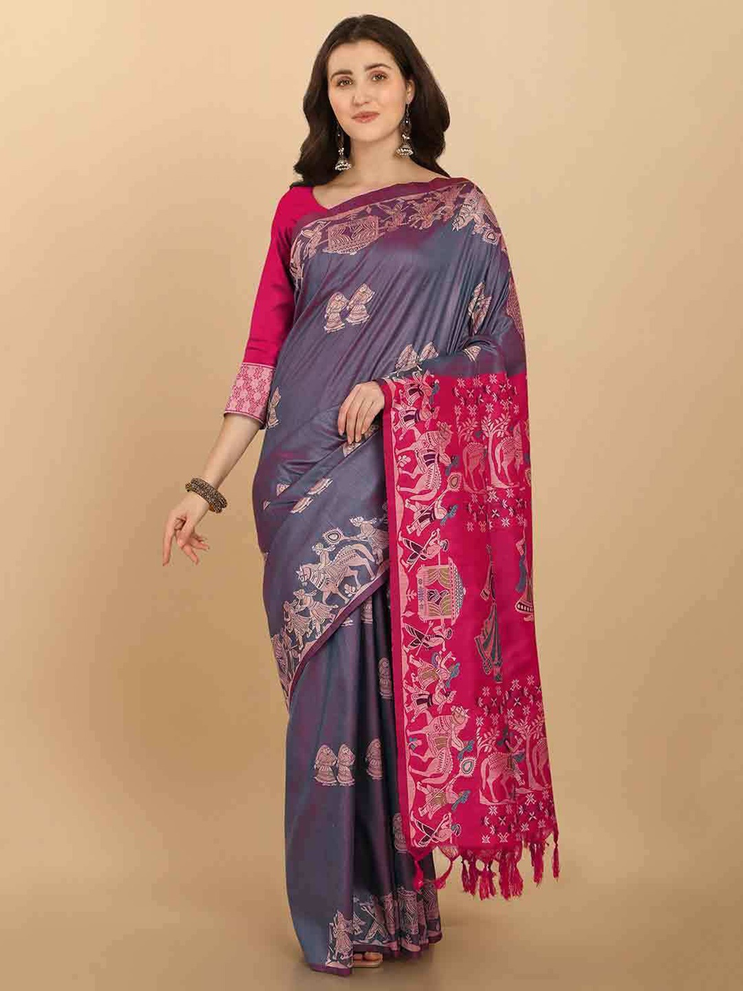 

NK Textiles Grey & Green Ethnic Motifs Raw Silk Tussar Saree