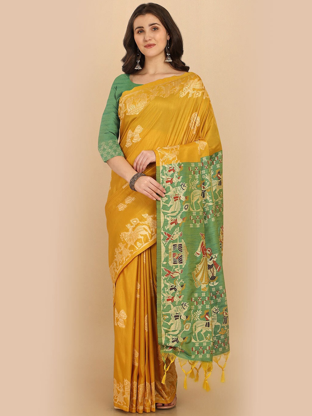 

NK Textiles Yellow & Green Ethnic Woven Design Raw Silk Tussar Saree