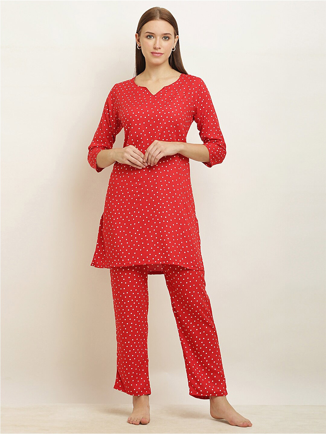

USA FANTASY Polka Dots Printed Night Suit, Red