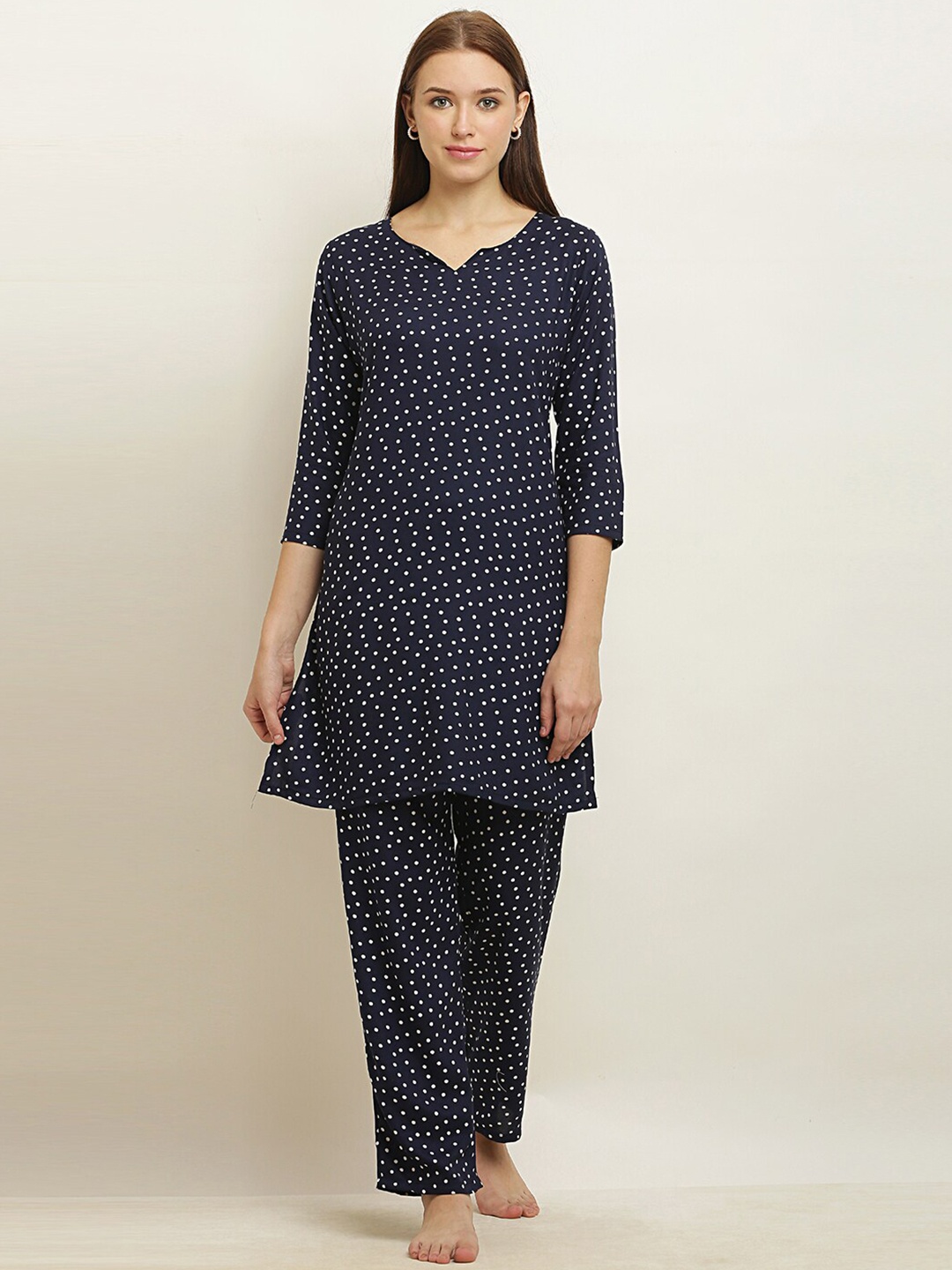 

USA FANTASY Polka Dots Printed V-Neck Night suit, Navy blue