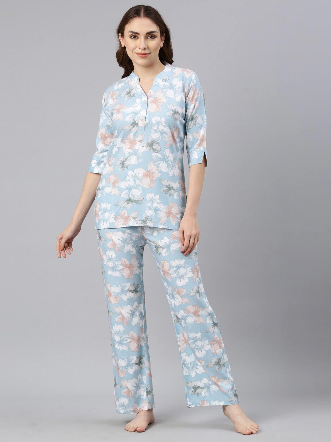 

GOLDSTROMS Floral Printed Mandarin Collar Night Suit, Blue