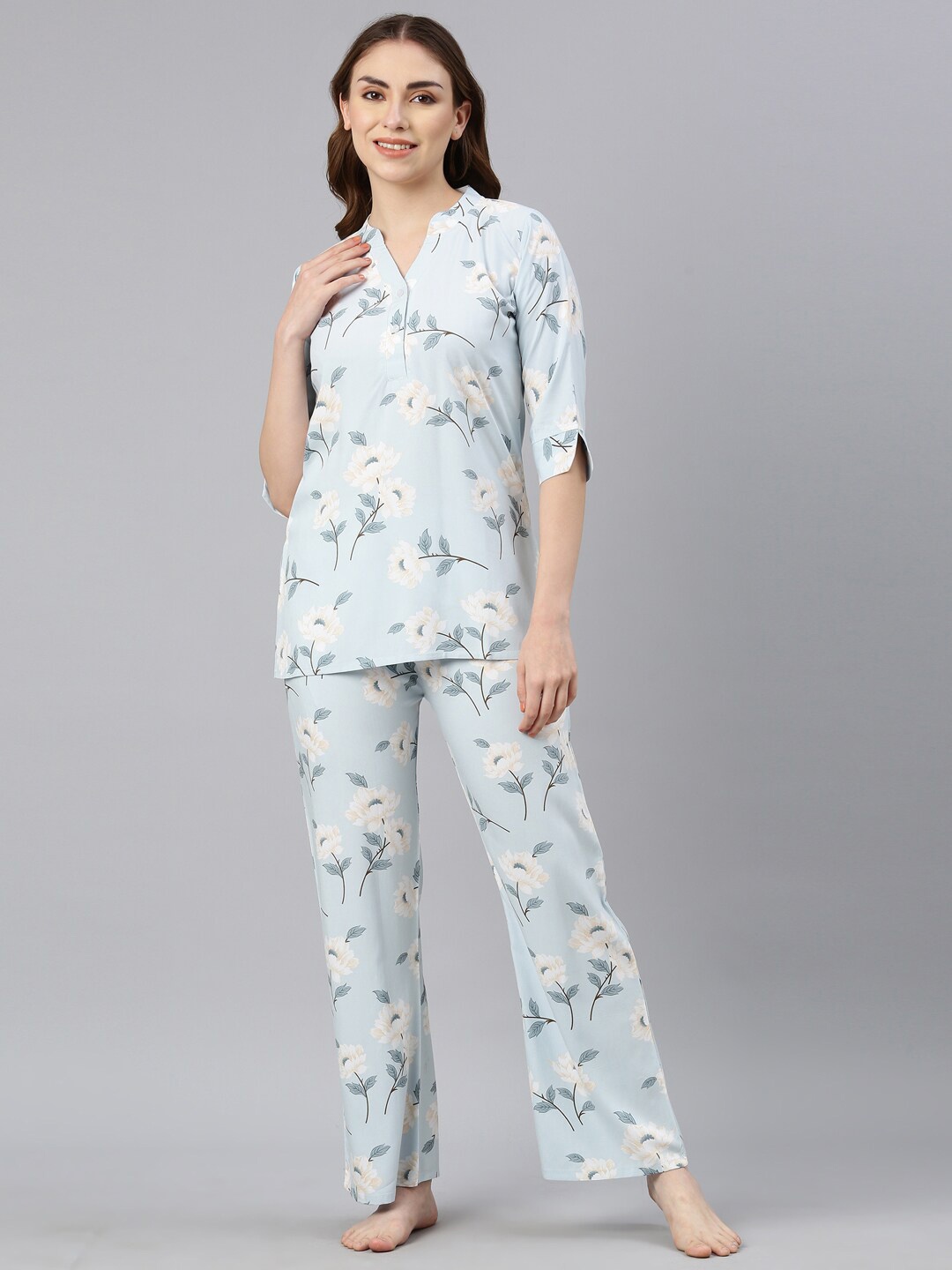 

GOLDSTROMS Floral Printed Mandarin Collar Night Suit, Blue