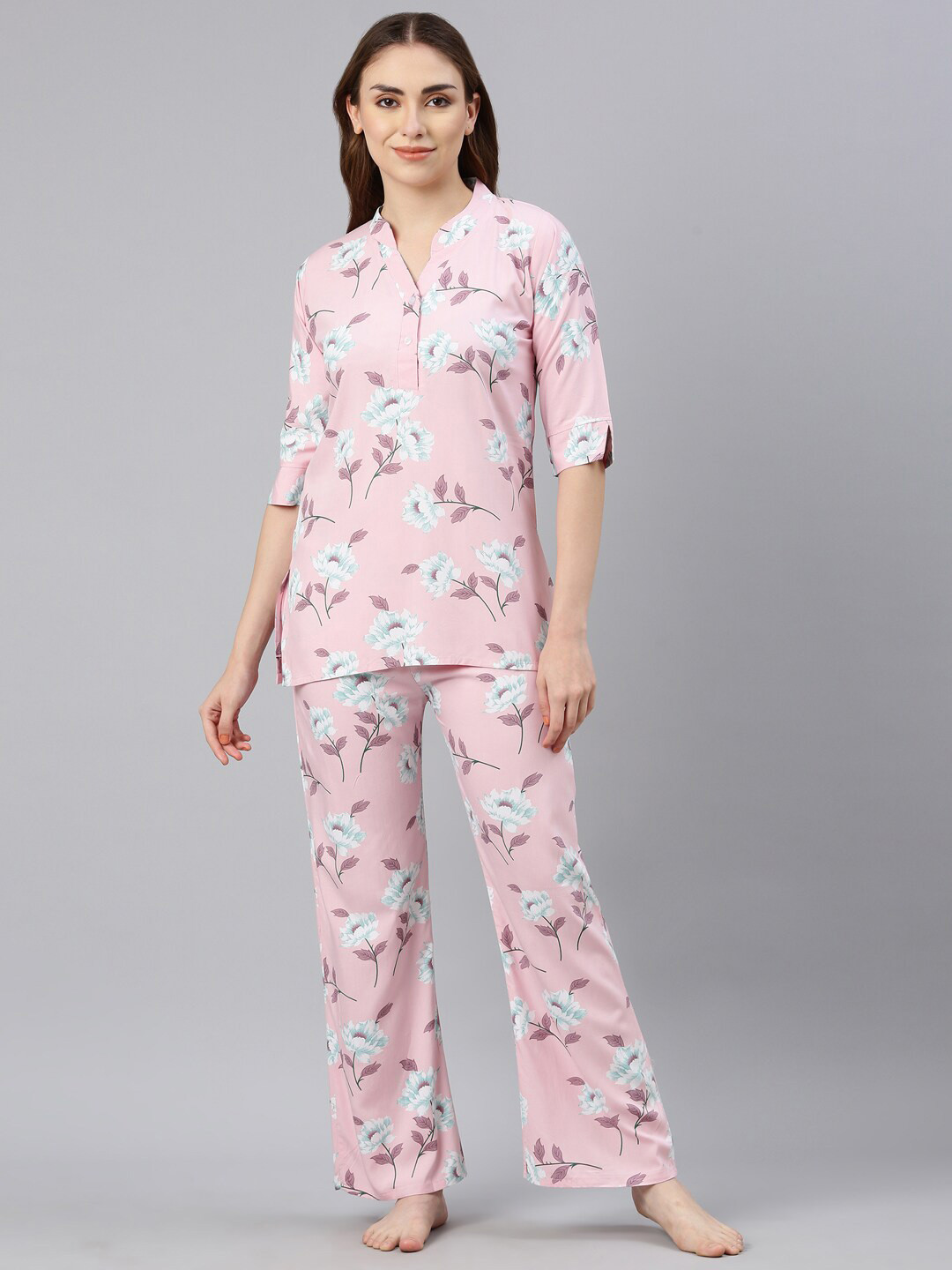 

GOLDSTROMS Floral Printed Mandarin Collar Night Suit, Pink