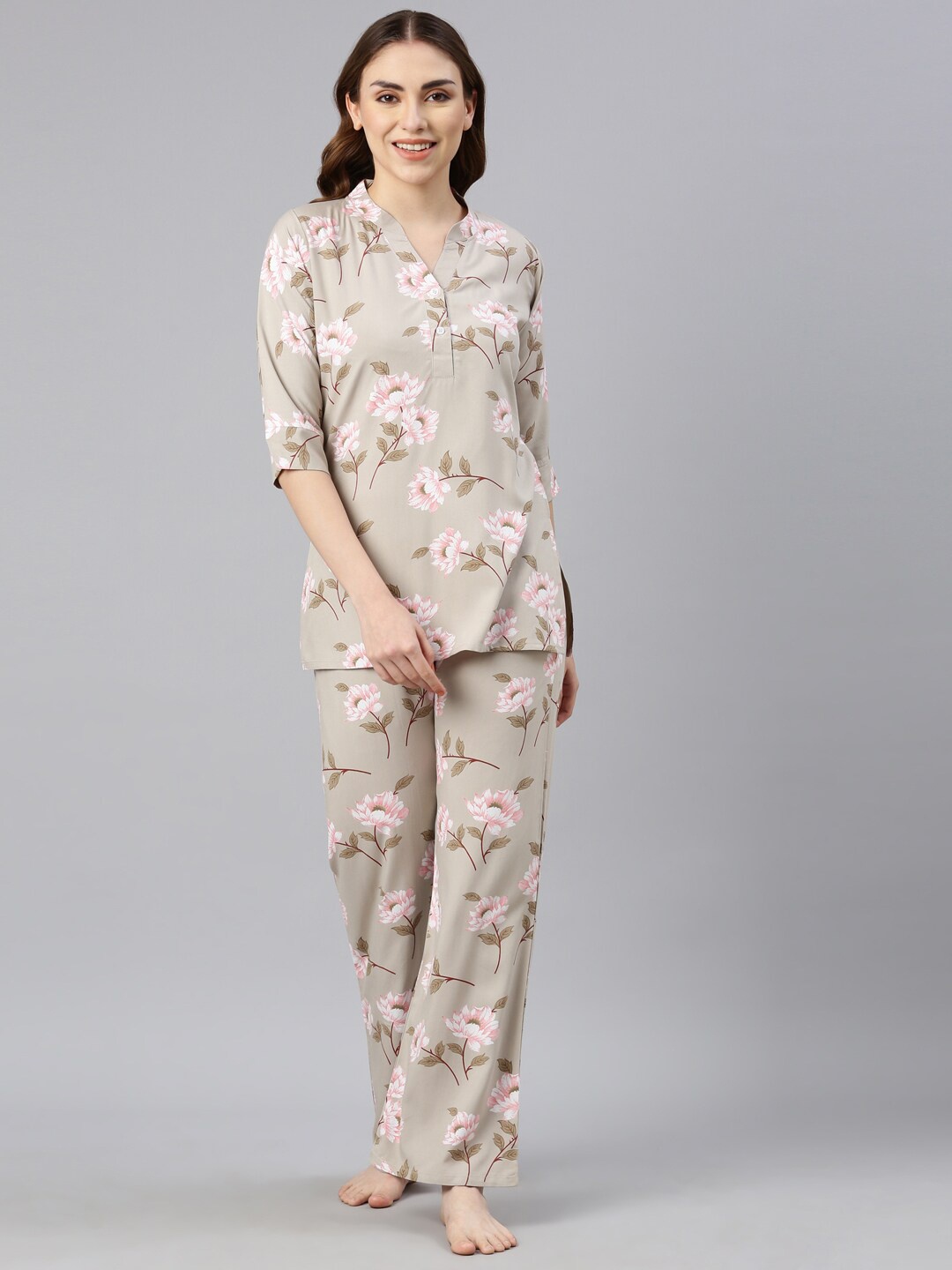 

GOLDSTROMS Floral Printed Mandarin Collar Night Suit, Brown