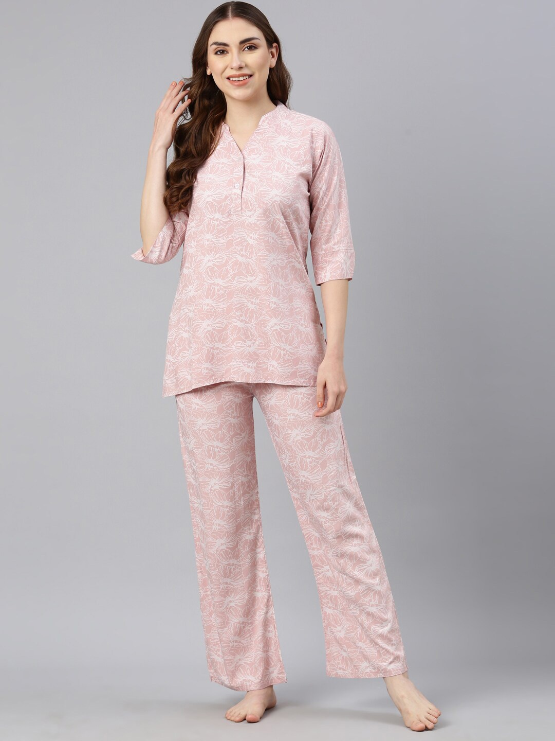 

GOLDSTROMS Floral Printed Mandarin Collar Night Suit, Peach