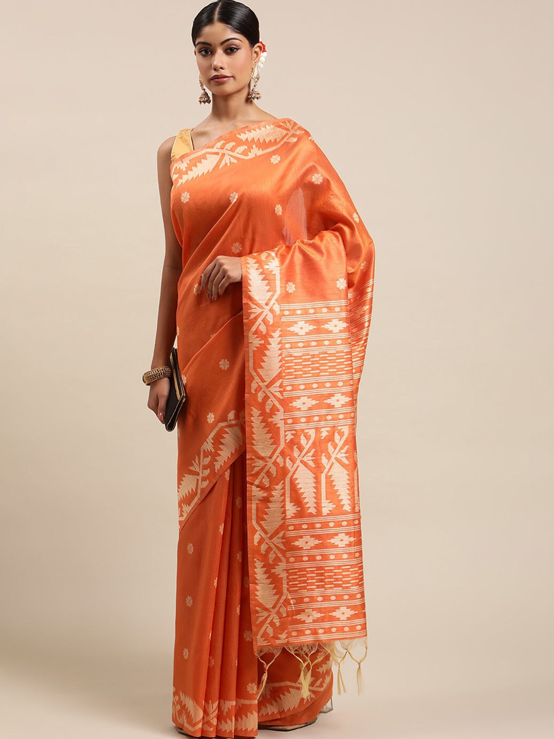 

NK Textiles Orange & Beige Raw Silk Bhagalpuri Saree