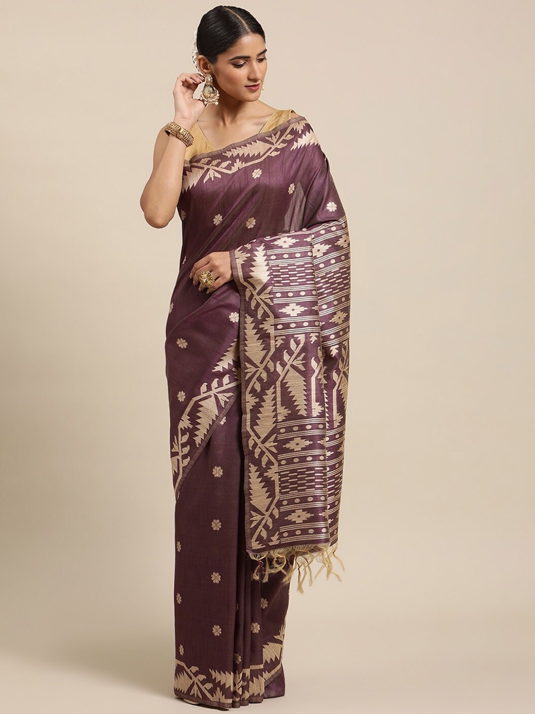 

NK Textiles Purple Raw Silk Bhagalpuri Saree