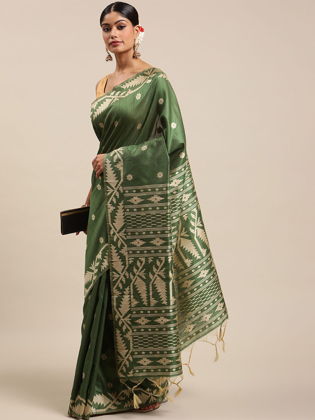 

NK Textiles Silk Blend Bhagalpuri Saree, Green