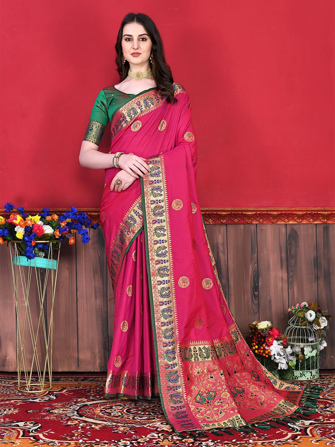 

ZILVIRA Ethnic Motifs Zari Woven Design Pure Silk Paithani Saree, Pink