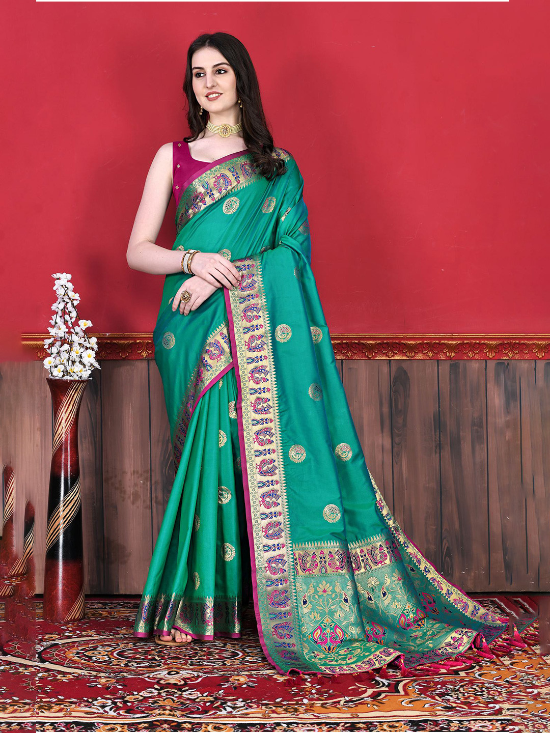 

ZILVIRA Ethnic Motifs Zari Woven Design Pure Silk Paithani Saree, Sea green