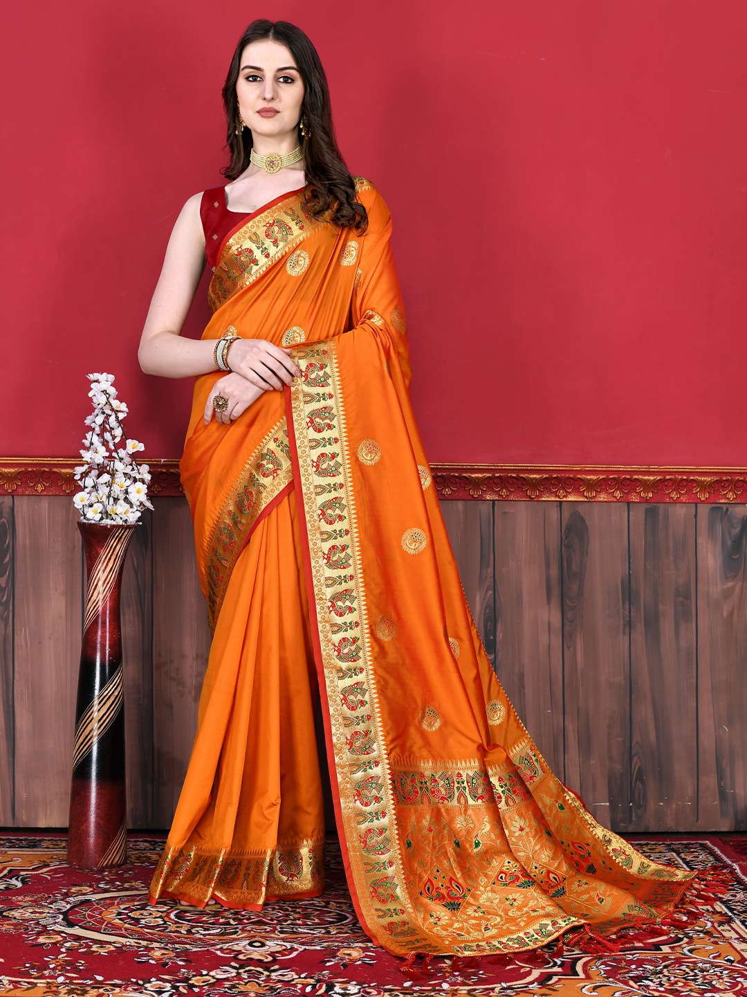 

ZILVIRA Woven Design Zari Pure Silk Paithani Saree, Orange