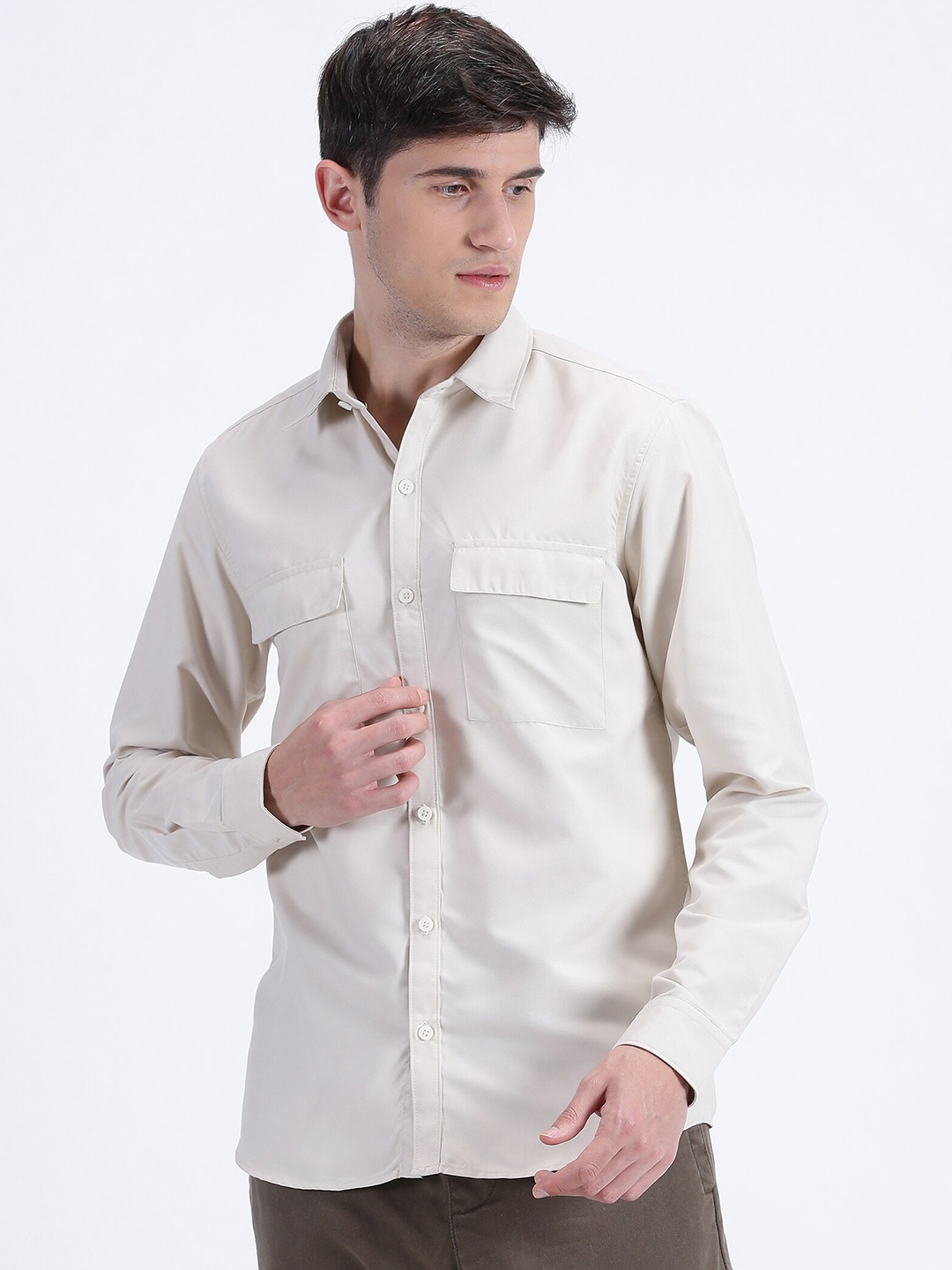 

MISCHIEF MONKEY Classic Fit Long Sleeves Cotton Casual Shirt, Cream