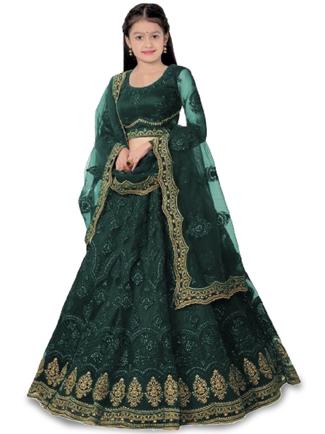 

BAESD Girls Embellished Semi-Stitched Lehenga & Unstitched Blouse With Dupatta, Green