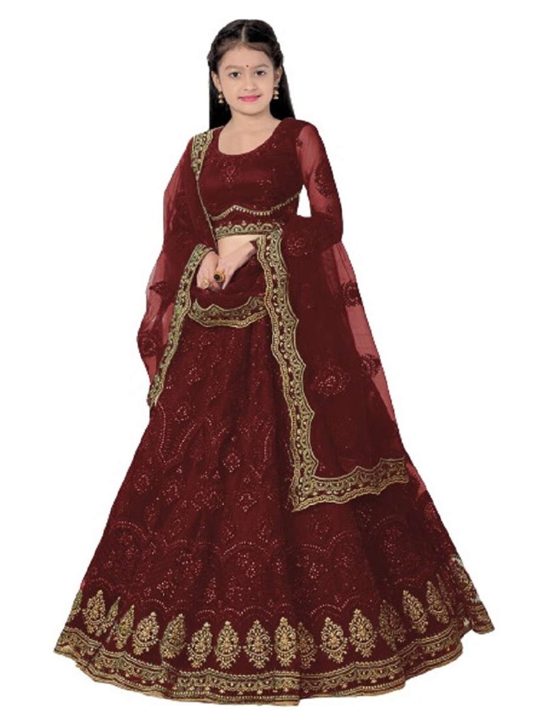 

BAESD Girls Embroidered Semi-Stitched Lehenga & Unstitched Blouse With Dupatta, Maroon
