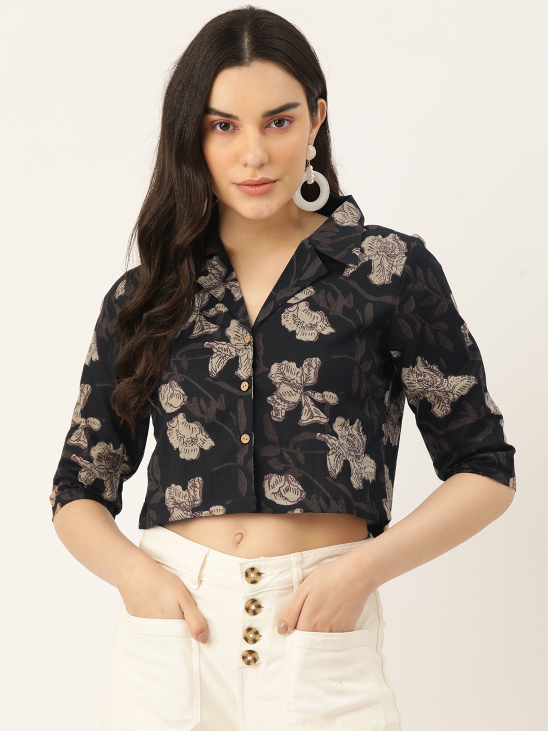 

FERANOID Floral Print Shirt Style Pure Cotton Crop Top, Black