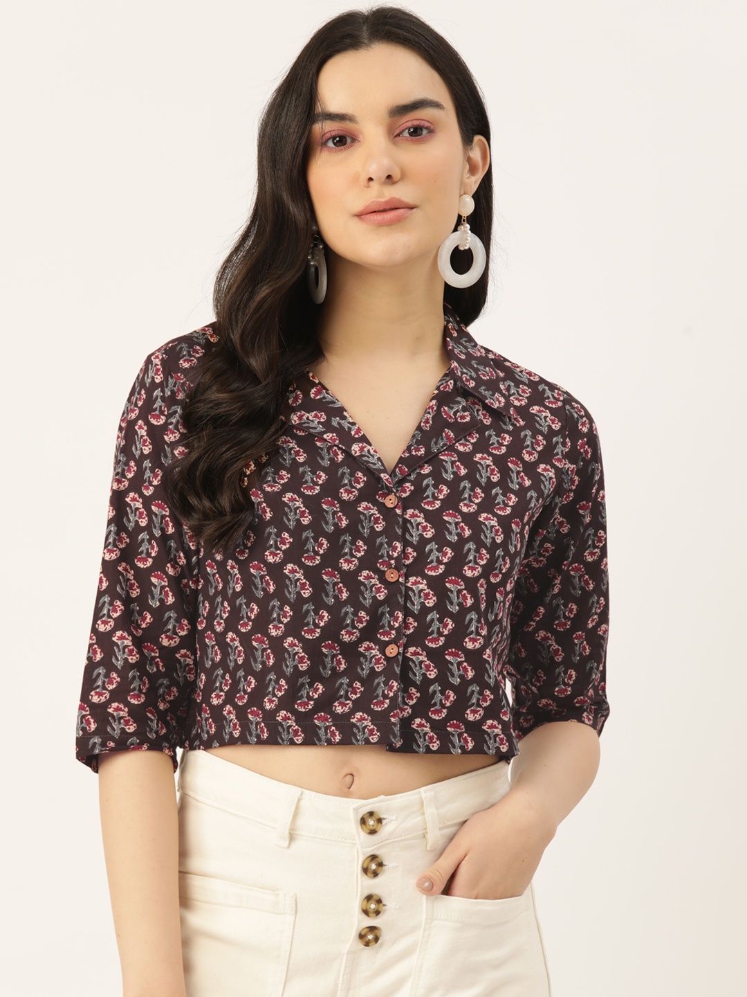 

FERANOID Floral Print Shirt Style Pure Cotton Crop Top, Brown
