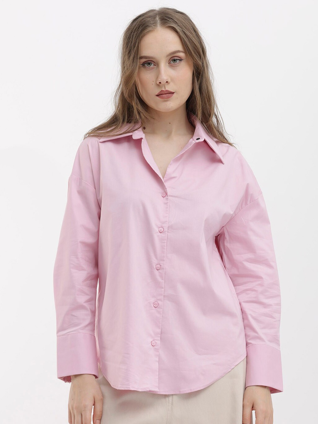 

RAREISM Shirt Collar Long Sleeves Slim Fit Opaque Casual Shirt, Pink