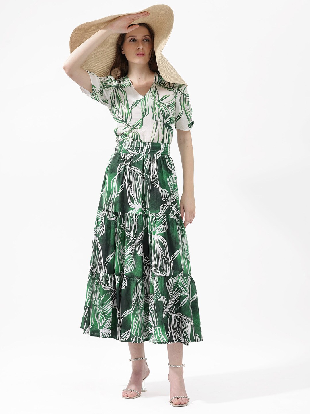 

RAREISM Floral Printed Flared Midi Skirt, Green