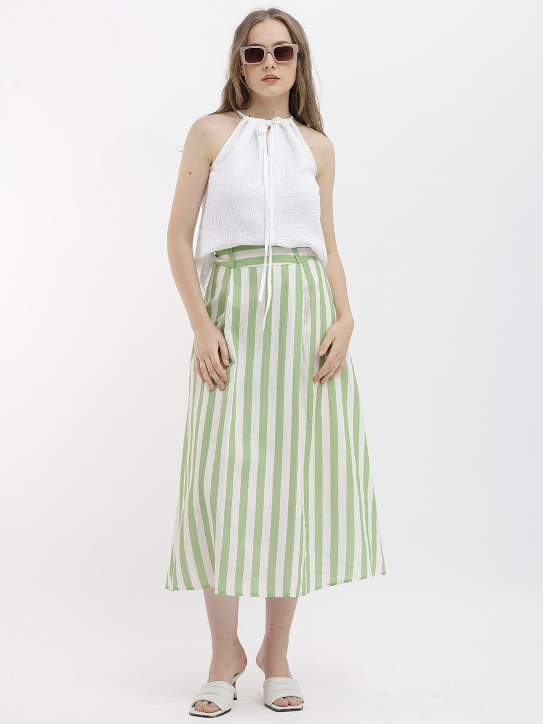 

RAREISM Striped A-Line Midi Skirt, Off white