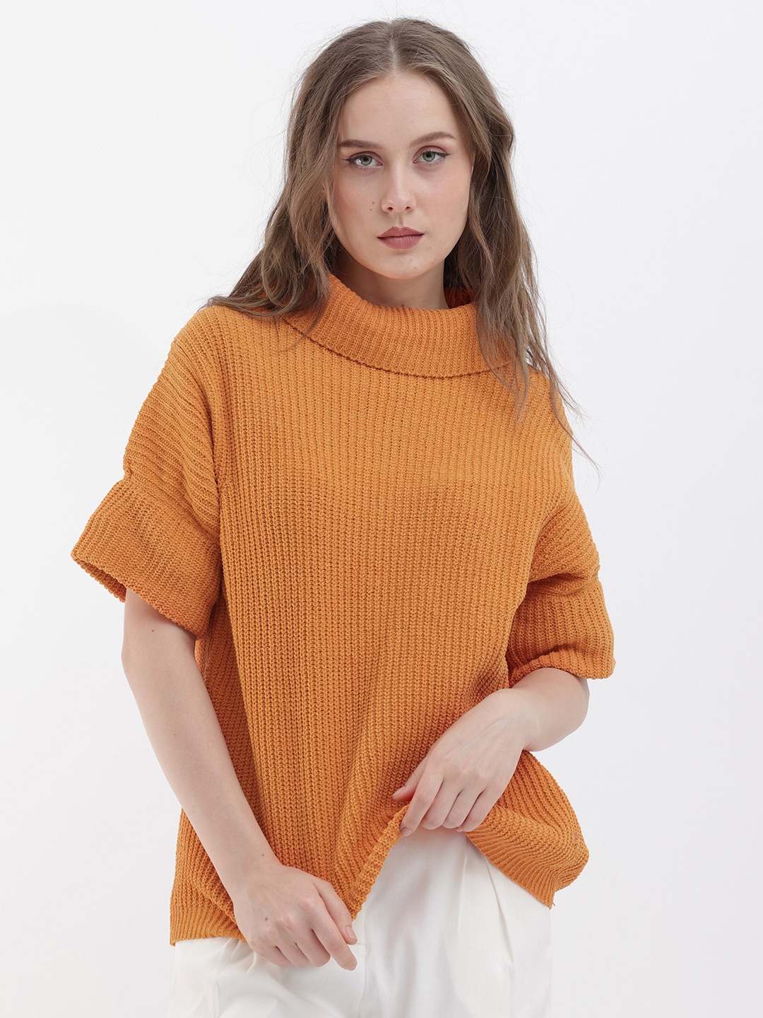 

RAREISM Cable Knit Self Design Turtle Neck Pullover Sweater, Orange