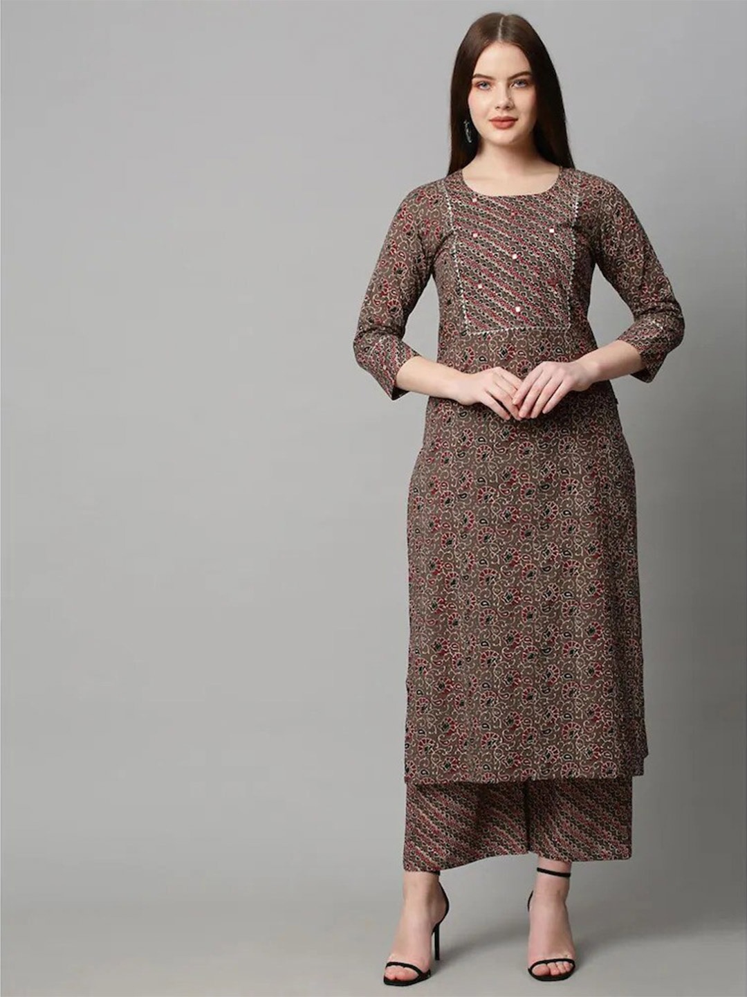 

Sitanjali Floral Printed Staright Kurta with Palazzo, Brown