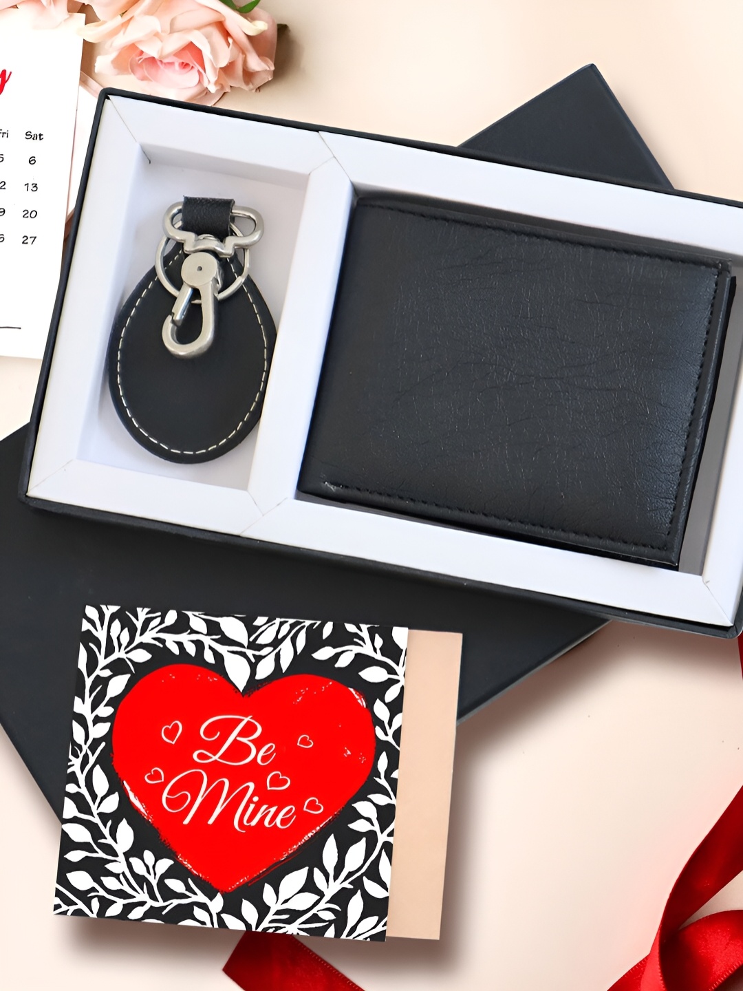 

TIED RIBBONS Red & Black 3 Pieces Lather Wallet Keychain & Card Home Gift Set