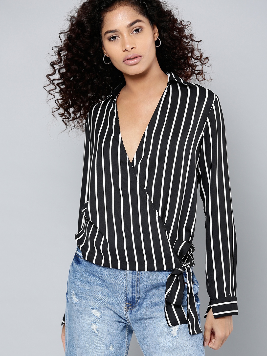 

Besiva Women Black Striped Wrap Top