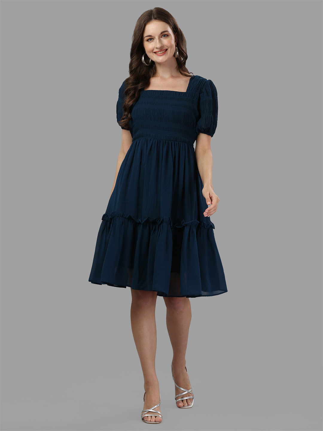 

Femvy Puff Sleeve Georgette Fit & Flare Dress, Blue