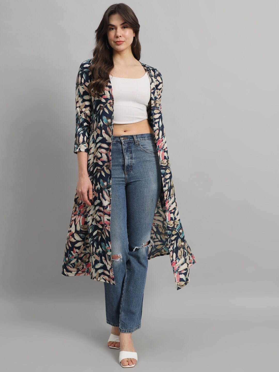 

SCORPIUS Floral Printed Cotton Longline Open Front Shrug, Blue
