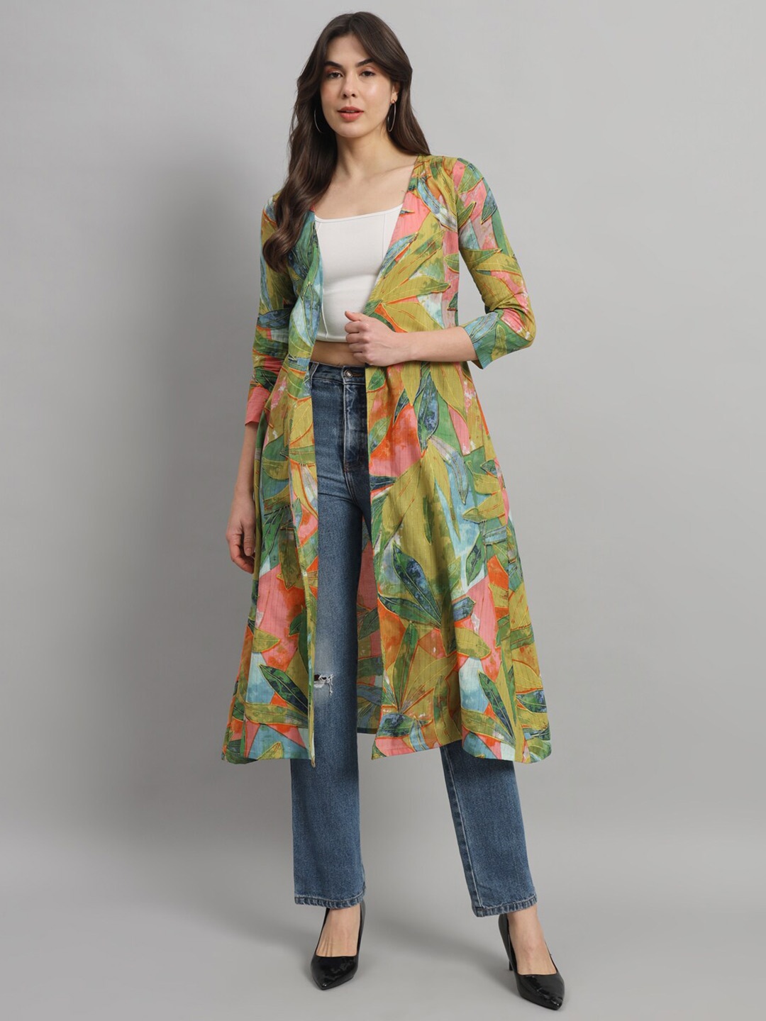 

SCORPIUS Tropical Printed Cotton Longline Open Front Shrug, Green