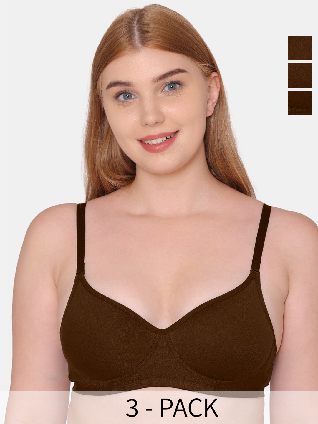 

KOMLI Pack Of 3 Full Coverage Lightly Padded Cotton T-shirt Bras, Coffee brown
