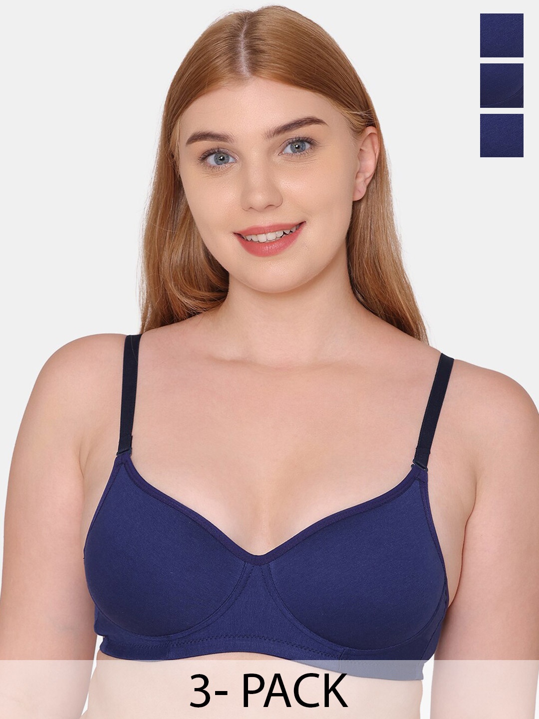 

KOMLI Pack Of 3 Full Coverage Lightly Padded Cotton T-shirt Bras With All Day Comfort, Navy blue