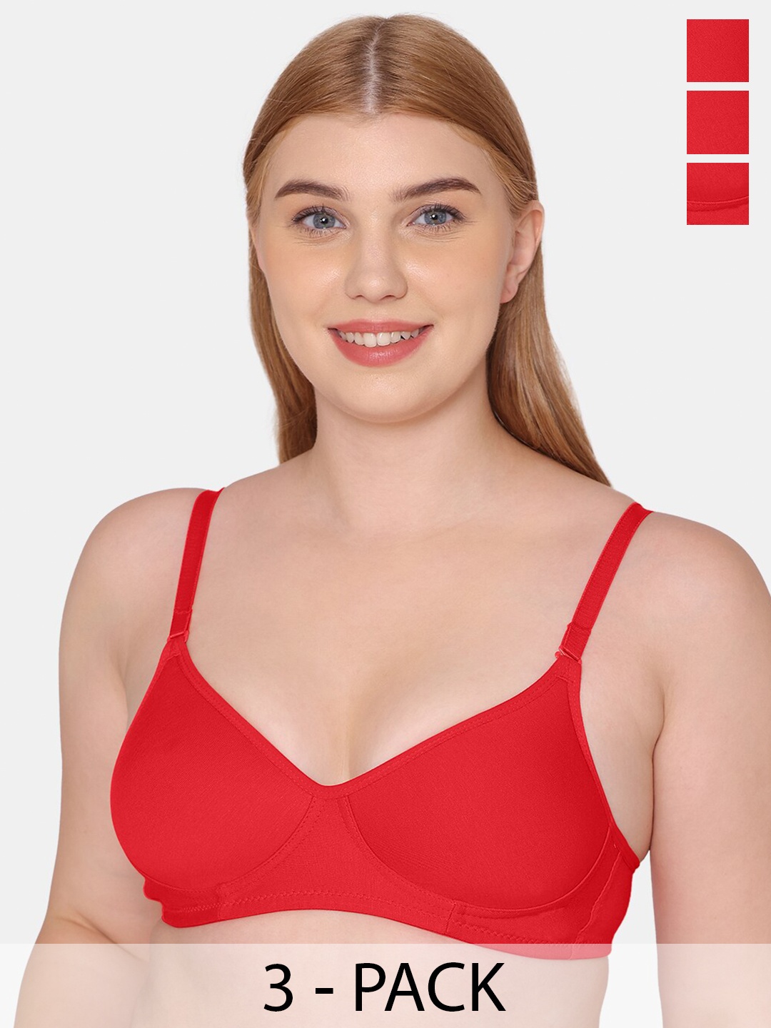 

KOMLI Pack Of 3 Full Coverage Lightly Padded Cotton T-shirt Bras, Red