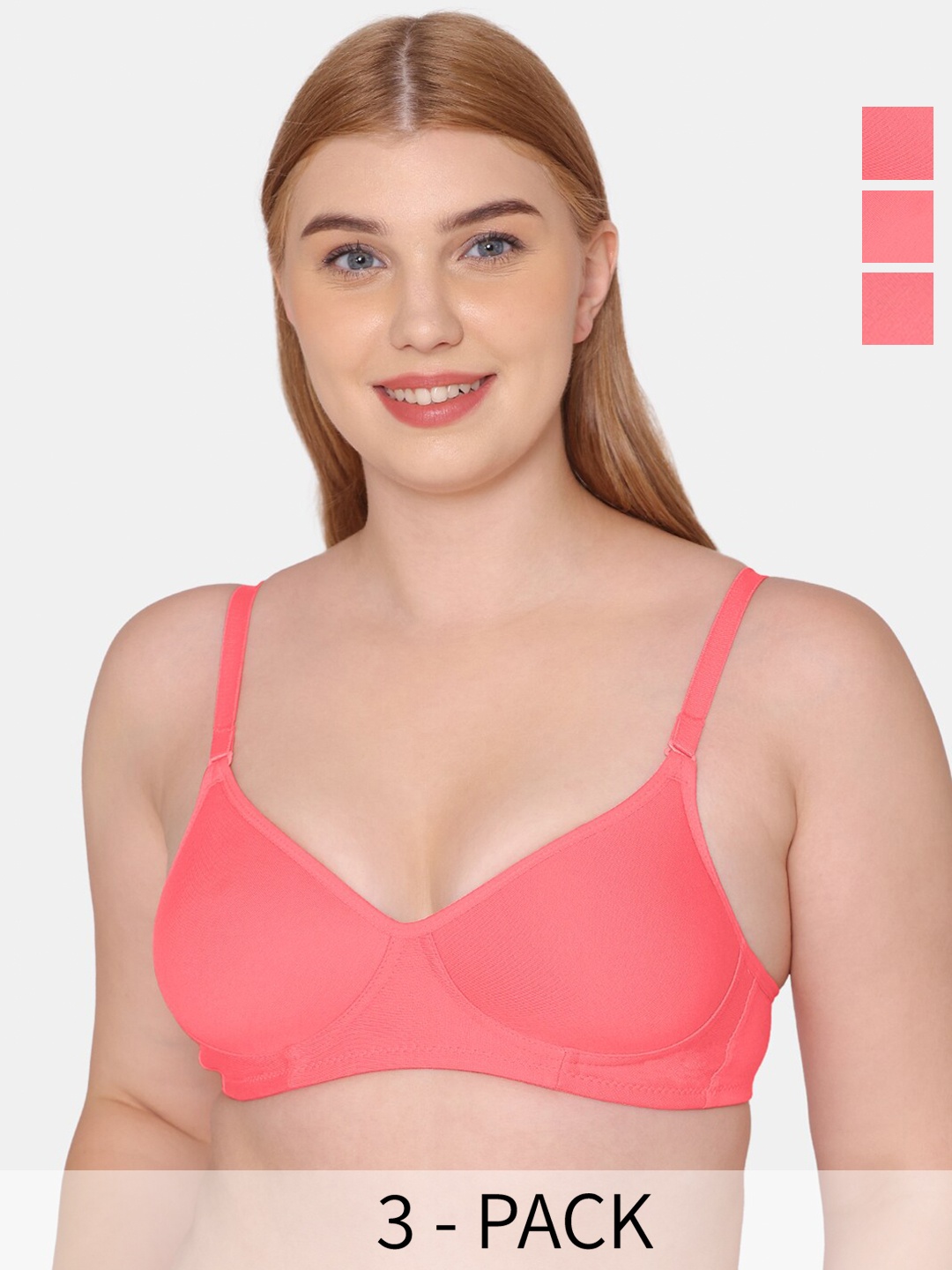 

KOMLI Pack Of 3 Full Coverage Lightly Padded Bra All Day Comfort, Coral