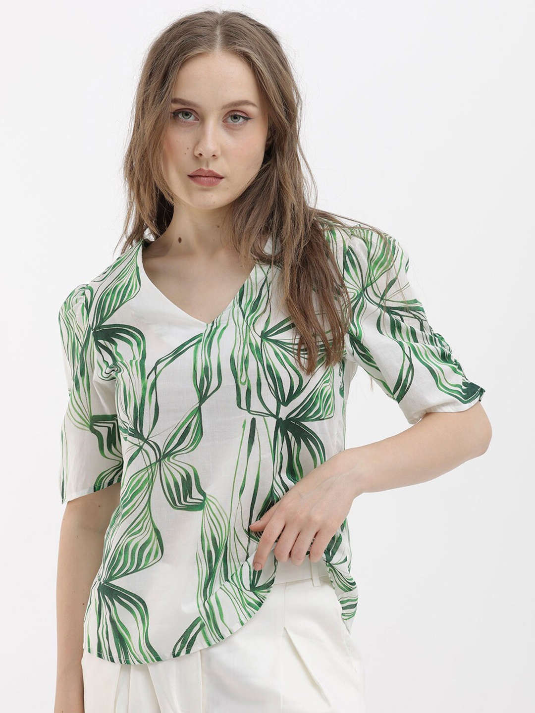 

RAREISM Tropical Print Cotton Styled Back Top, Green