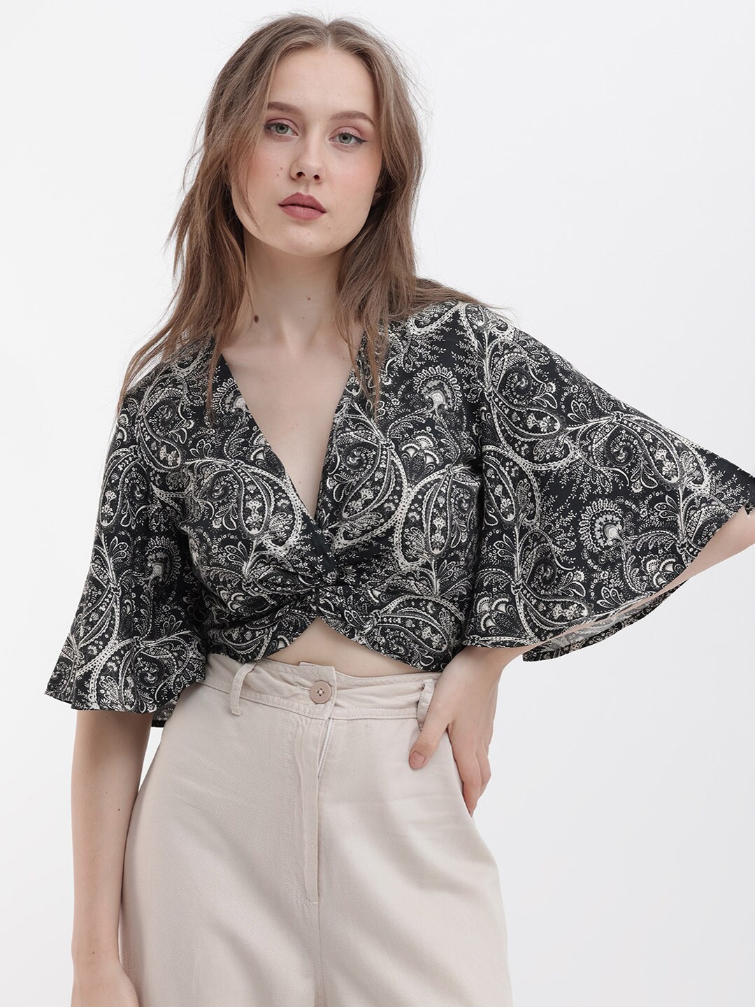 

RAREISM Ethnic Motifs V-Neck Cotton Twisted Crop Top, Black