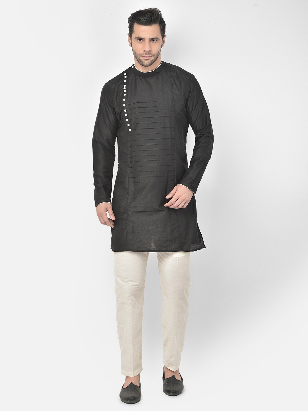 

DEYANN Striped Angrakha Kurta With Trouser, Black