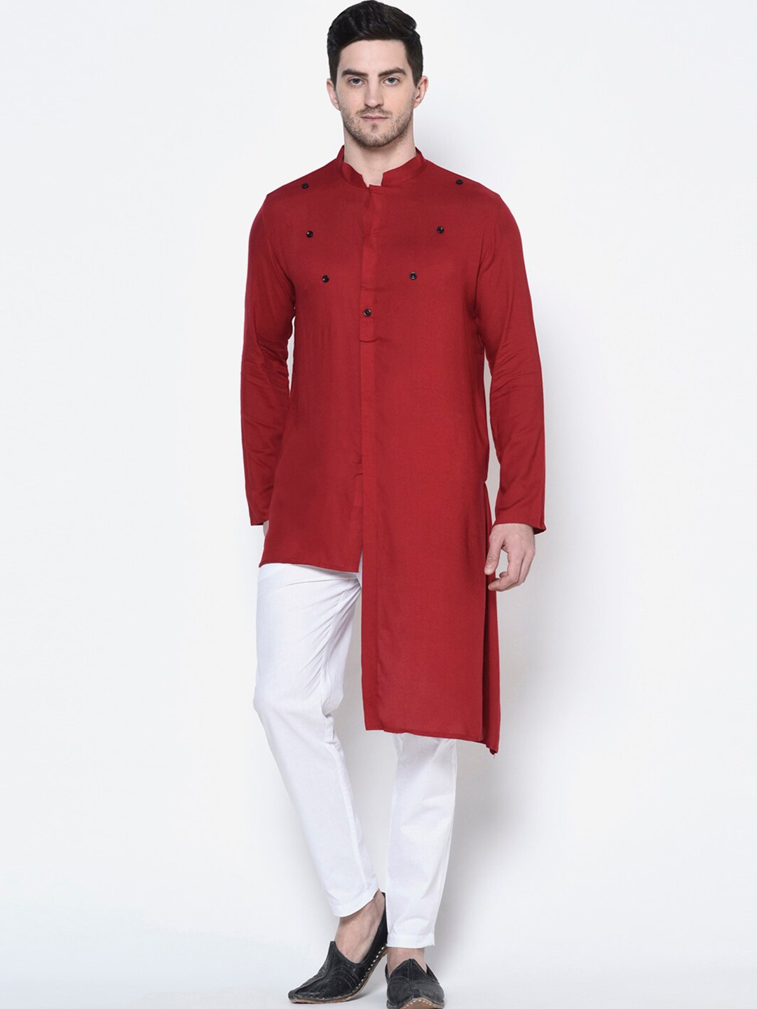 

DEYANN Mandarin Collar Knee Length Straight Kurta with Pyjama, Red