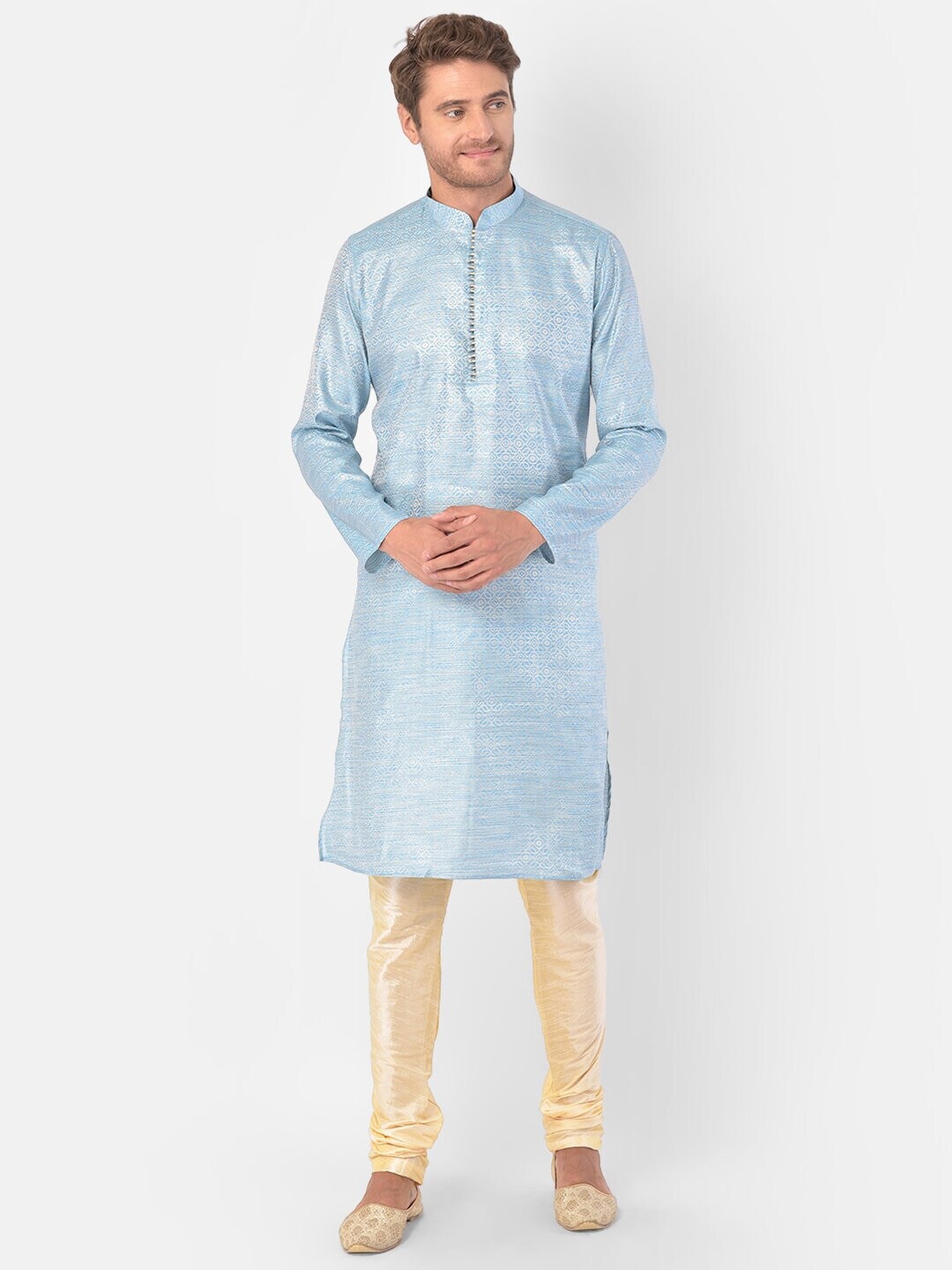 

DEYANN Ethnic Motifs Woven Design Knee Length Straight Kurta with Churidar, Blue