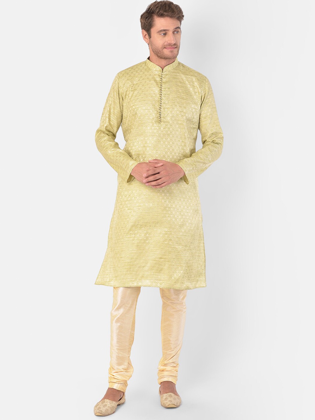 

DEYANN Woven Design Mandarin Collar Kurta with Churidar, Green