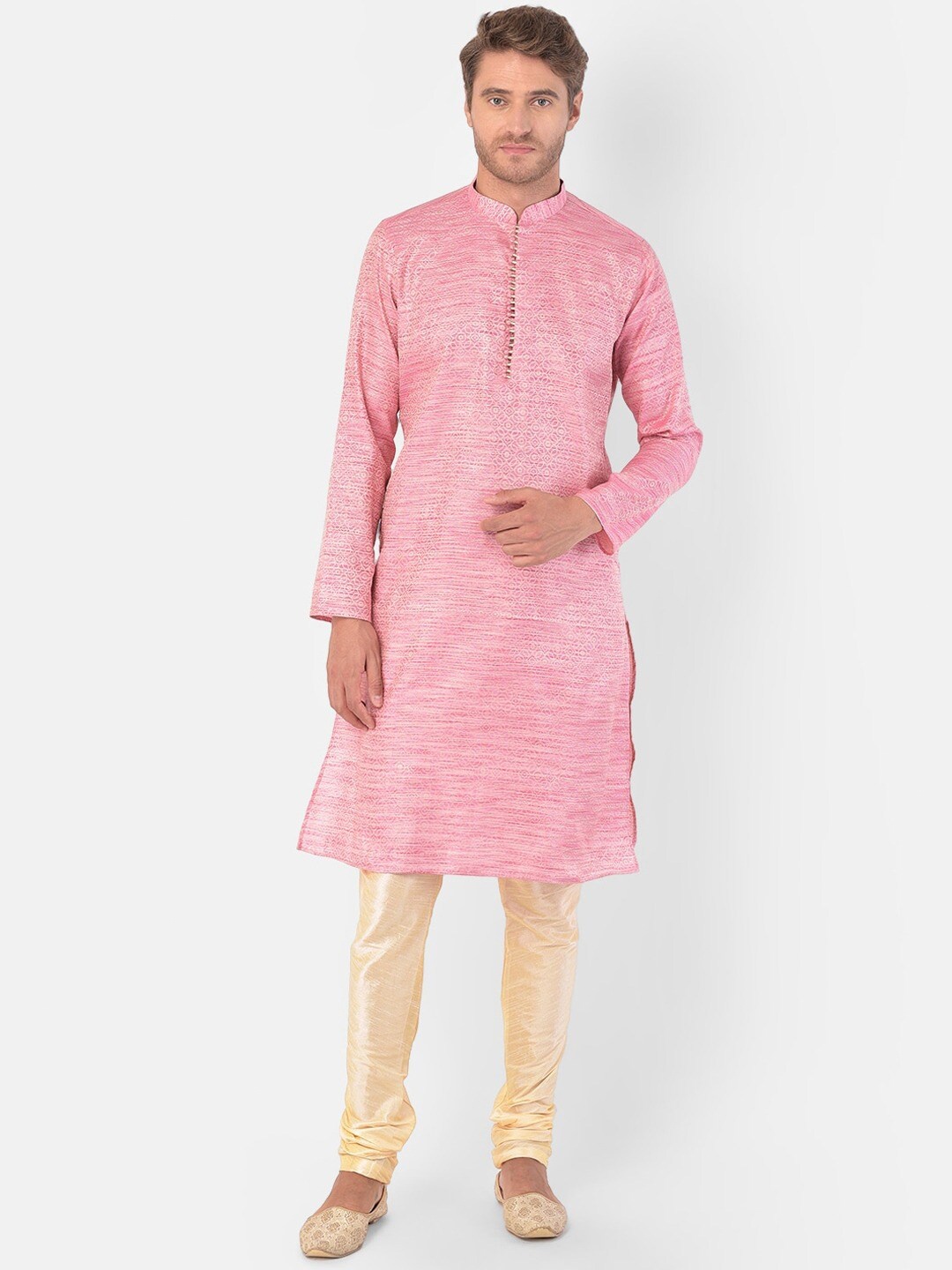 

DEYANN Ethnic Motifs Woven Design Mandarin Collar Jacquard Silk Kurta with Churidar, Pink