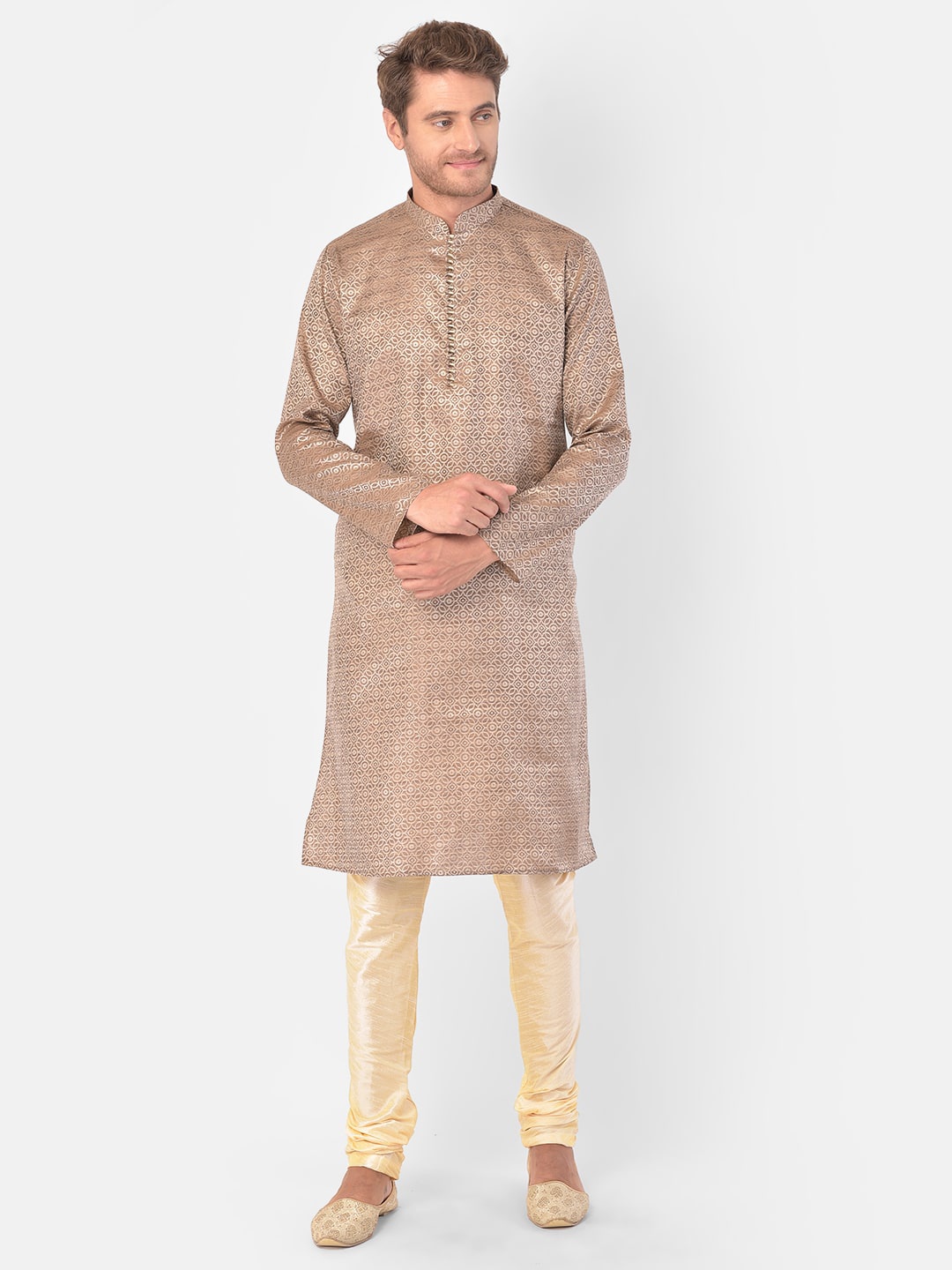 

DEYANN Ethnic Motifs Mandarin Collar Regular Kurta with Churidar, Brown