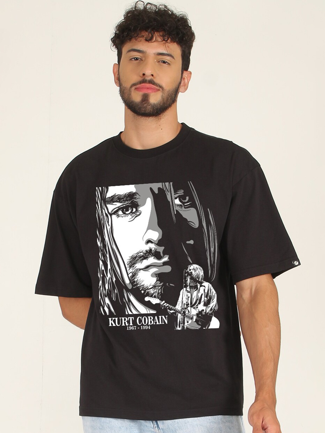 

PRONK Printed Drop-Shoulder Sleeves Raw Edge T-shirt, Black