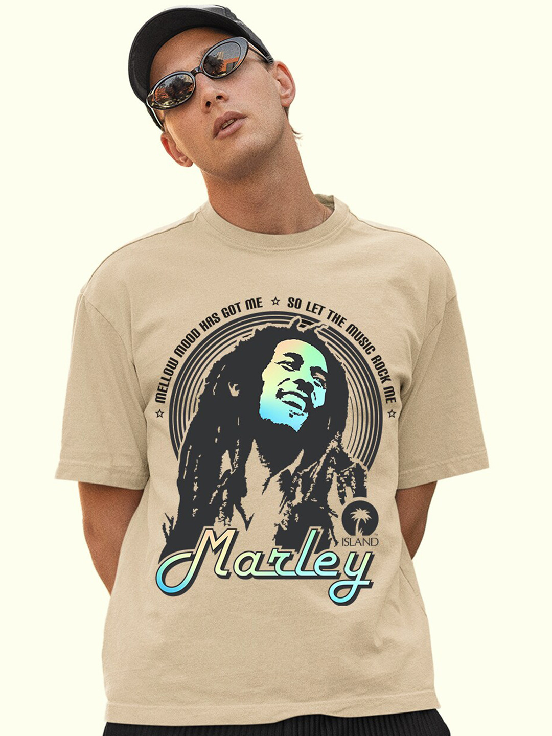 

PRONK Marley Printed Drop-Shoulder Sleeves Oversized Cotton T-shirt, Beige