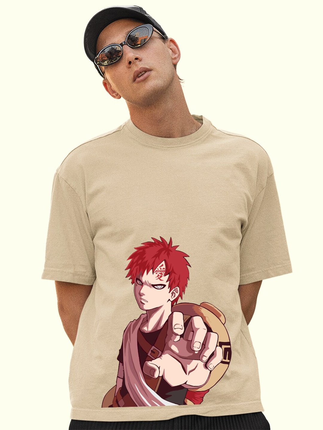 

PRONK Anime Printed Cotton Oversized T-shirt, Beige